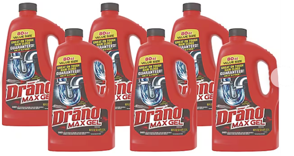 SC Johnson Drain Cleaner, Drano Max Gel, Bleach Scent, 80 OZ., 6/CT