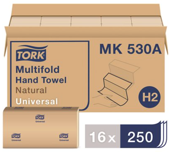 Tork Multifold Paper Towels, Natural, 9.5 x 9.1 Inches, Green-Seal, 250 Sheets/Pack, 16 Packs/Case