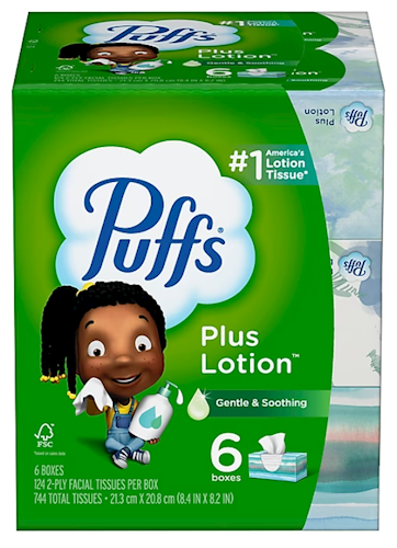 Puffs Plus Lotion Facial Tissues, 2-Ply, 124 Tissues per Box, 6 Boxes per Case