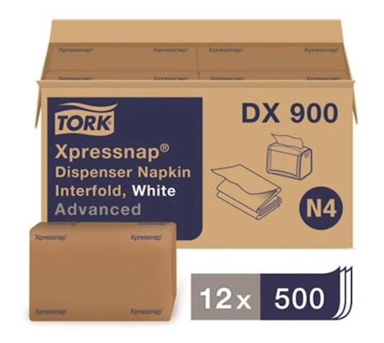 Tork Advanced White Interfold Dispenser Napkins with Overall Emboss, 500/Pack, 12 Packs/Case