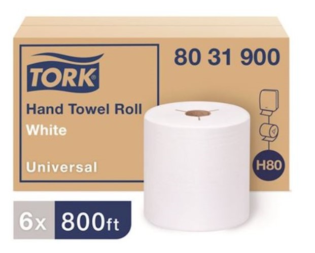 Tork White Hard-Wound Paper Towel Rolls, 800 Ft/Roll, 6 Rolls/Case
